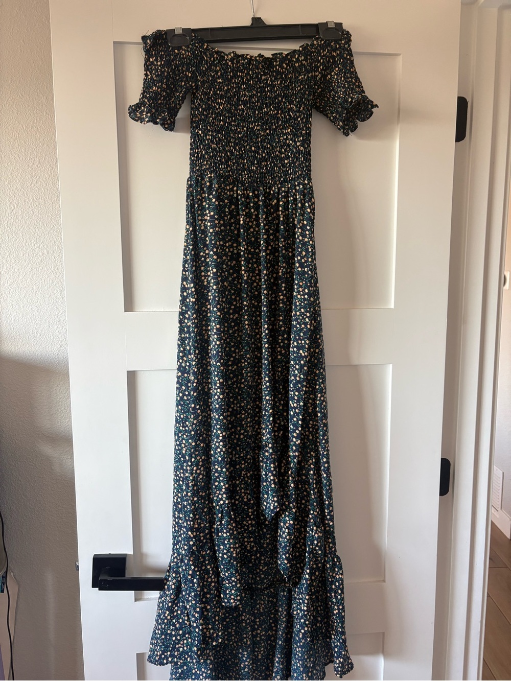 Smocked Off-Shoulder Floral Maxi Dress in Dark Green